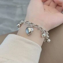 1 件铜镀 S925 银不褪色心形串珠吊坠手链情人节、妈妈、母亲、母亲节、礼物 - 銀色 - 查看 2