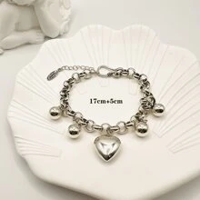 1 件铜镀 S925 银不褪色心形串珠吊坠手链情人节、妈妈、母亲、母亲节、礼物 - 銀色 - 查看 5