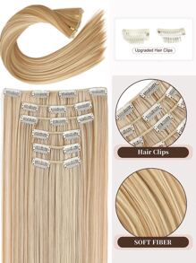 夾片長款直筒合成纖維接髮24英寸6入組混合金發厚假髮自然柔軟的合成纖維纖維雙緯線女性 - 米色 - 查看 3