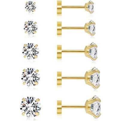 1 件防过敏平背耳钉，男女通用，立方氧化锆螺丝背耳环，不锈钢耳骨耳环，耳甲，耳屏，耳轮，耳轮，耳垂微型耳环穿孔珠宝