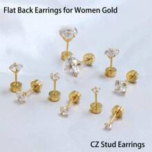 1 件防过敏平背耳钉，男女通用，立方氧化锆螺丝背耳环，不锈钢耳骨耳环，耳甲，耳屏，耳轮，耳轮，耳垂微型耳环穿孔珠宝 - 金色 - 查看 5