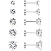 1 件防过敏平背耳钉，男女通用，立方氧化锆螺丝背耳环，不锈钢耳骨耳环，耳甲，耳屏，耳轮，耳轮，耳垂微型耳环穿孔珠宝 - 銀色 - 查看 1