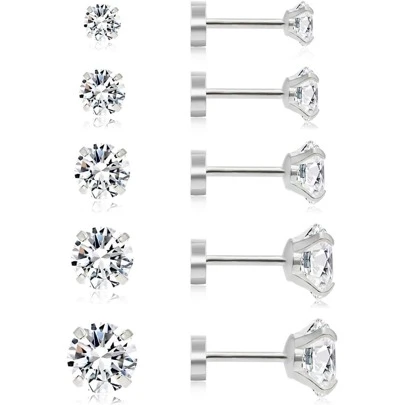 1 件防过敏平背耳钉，男女通用，立方氧化锆螺丝背耳环，不锈钢耳骨耳环，耳甲，耳屏，耳轮，耳轮，耳垂微型耳环穿孔珠宝