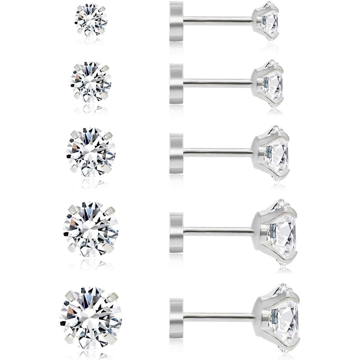 1 件防过敏平背耳钉，男女通用，立方氧化锆螺丝背耳环，不锈钢耳骨耳环，耳甲，耳屏，耳轮，耳轮，耳垂微型耳环穿孔珠宝 - 銀色 - 查看 1