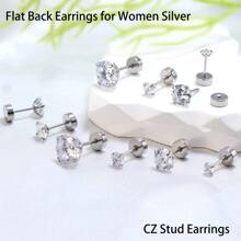 1 件防过敏平背耳钉，男女通用，立方氧化锆螺丝背耳环，不锈钢耳骨耳环，耳甲，耳屏，耳轮，耳轮，耳垂微型耳环穿孔珠宝 - 銀色 - 查看 4