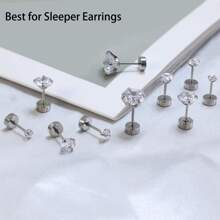 1 件防过敏平背耳钉，男女通用，立方氧化锆螺丝背耳环，不锈钢耳骨耳环，耳甲，耳屏，耳轮，耳轮，耳垂微型耳环穿孔珠宝 - 銀色 - 查看 5