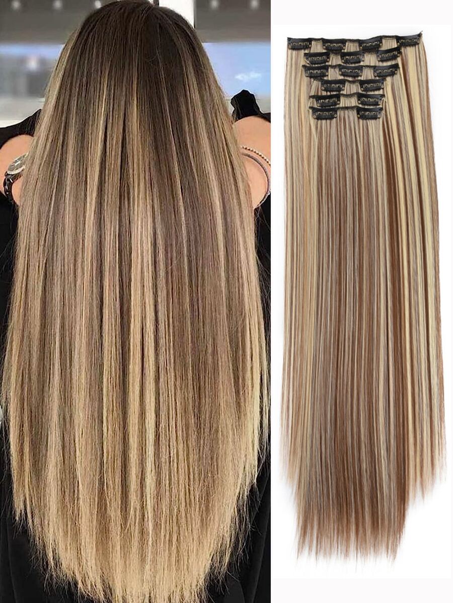 24-Inch Long Straight Clip-In Synthetic Hair Extensions, 6pcs/Set, Brown Mixed Color, Dense & Natural, Soft & Comfortable - Multicolor - View 1