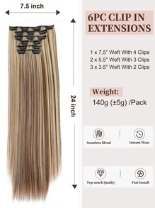 24-Inch Long Straight Clip-In Synthetic Hair Extensions, 6pcs/Set, Brown Mixed Color, Dense & Natural, Soft & Comfortable - Multicolor - View 4