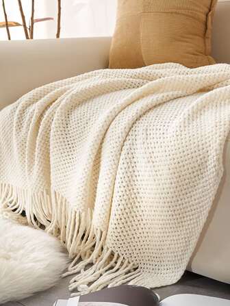 1pc Knitted Throw Blanket With Tassel Fringe For Sofa, Bed, Couch And Chair