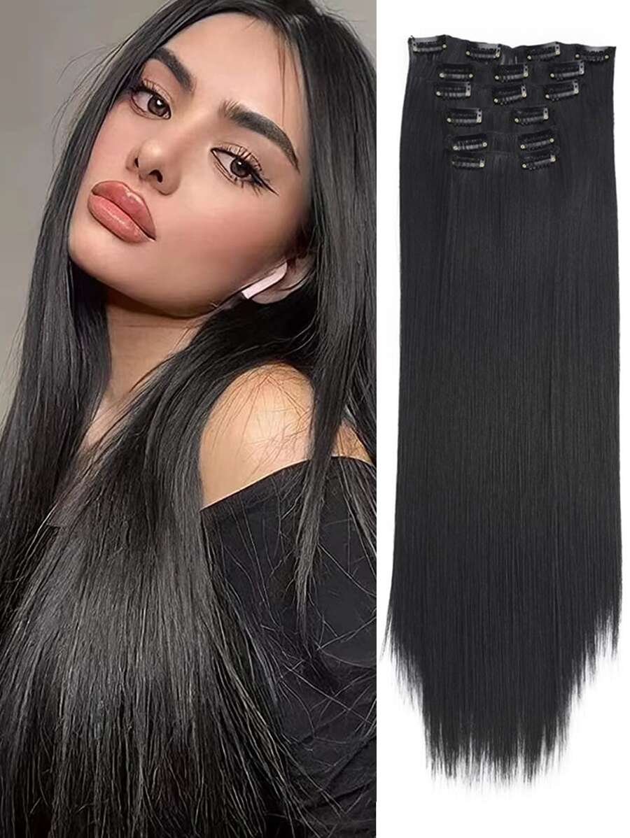 Synthetic hair extension 24 inch 6PCS black thick wig natural soft Synthetic fiber - Black - View 1