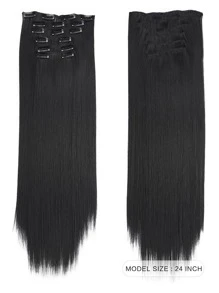 Synthetic hair extension 24 inch 6PCS black thick wig natural soft Synthetic fiber - Black - View 2
