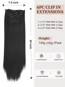 Synthetic hair extension 24 inch 6PCS black thick wig natural soft Synthetic fiber - Black - View 4