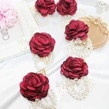 6入組黑暗的紅色的真絲玫瑰人造珍珠手腕胸花新娘手腕花適合婚禮,舞會,派對裝飾用品 - 酒紅色 - 查看 4
