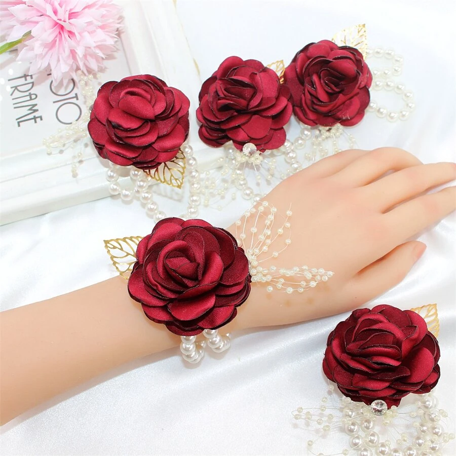 6入組黑暗的紅色的真絲玫瑰人造珍珠手腕胸花新娘手腕花適合婚禮,舞會,派對裝飾用品 - 酒紅色 - 查看 1