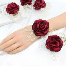 6入組黑暗的紅色的真絲玫瑰人造珍珠手腕胸花新娘手腕花適合婚禮,舞會,派對裝飾用品 - 酒紅色 - 查看 2