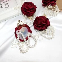 6入組黑暗的紅色的真絲玫瑰人造珍珠手腕胸花新娘手腕花適合婚禮,舞會,派對裝飾用品 - 酒紅色 - 查看 5