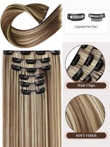 24-Inch Long Straight Clip-In Synthetic Hair Extensions, 6pcs/Set, Brown Mixed Color, Dense & Natural, Soft & Comfortable - Multicolor - View 3