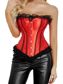 女式蕾丝边束胸紧身胸衣，配缎带腰带，红色，可作为外套穿着，适合圣诞节和角色扮演腰部训练器 - 紅色 - 查看 1
