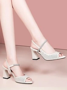 Mujer grueso tacón Zapatos beige Sandalias - Beis - Ver 2