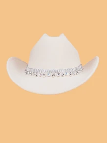 1pc Diamond-decorated Hat Western Cowboy Hat - Beige - View 2