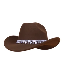 1入[coffee Brown]用鑽石裝飾的編織呢帽,適合女性,可用於西部牛仔帽、風格舞帽、騎士爵士帽、遮陽帽、大草原蒙古帽派對