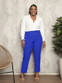 Calça alfaiataria plus size social cintura alta - Azul Royal - Visão 2