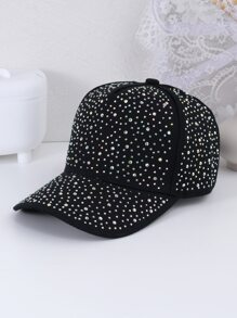 1 pieza de mujeres coreano estilo de moda con diamante de imitación & con diseño de estrella Gorra de béisbol , primavera/verano Sombrero contra sol - Negro - Ver 1
