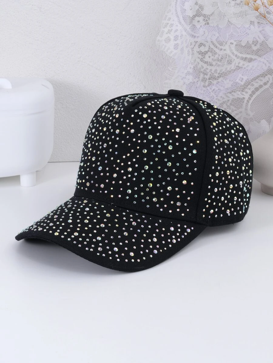 1 pieza de mujeres coreano estilo de moda con diamante de imitación & con diseño de estrella Gorra de béisbol , primavera/verano Sombrero contra sol - Negro - Ver 1