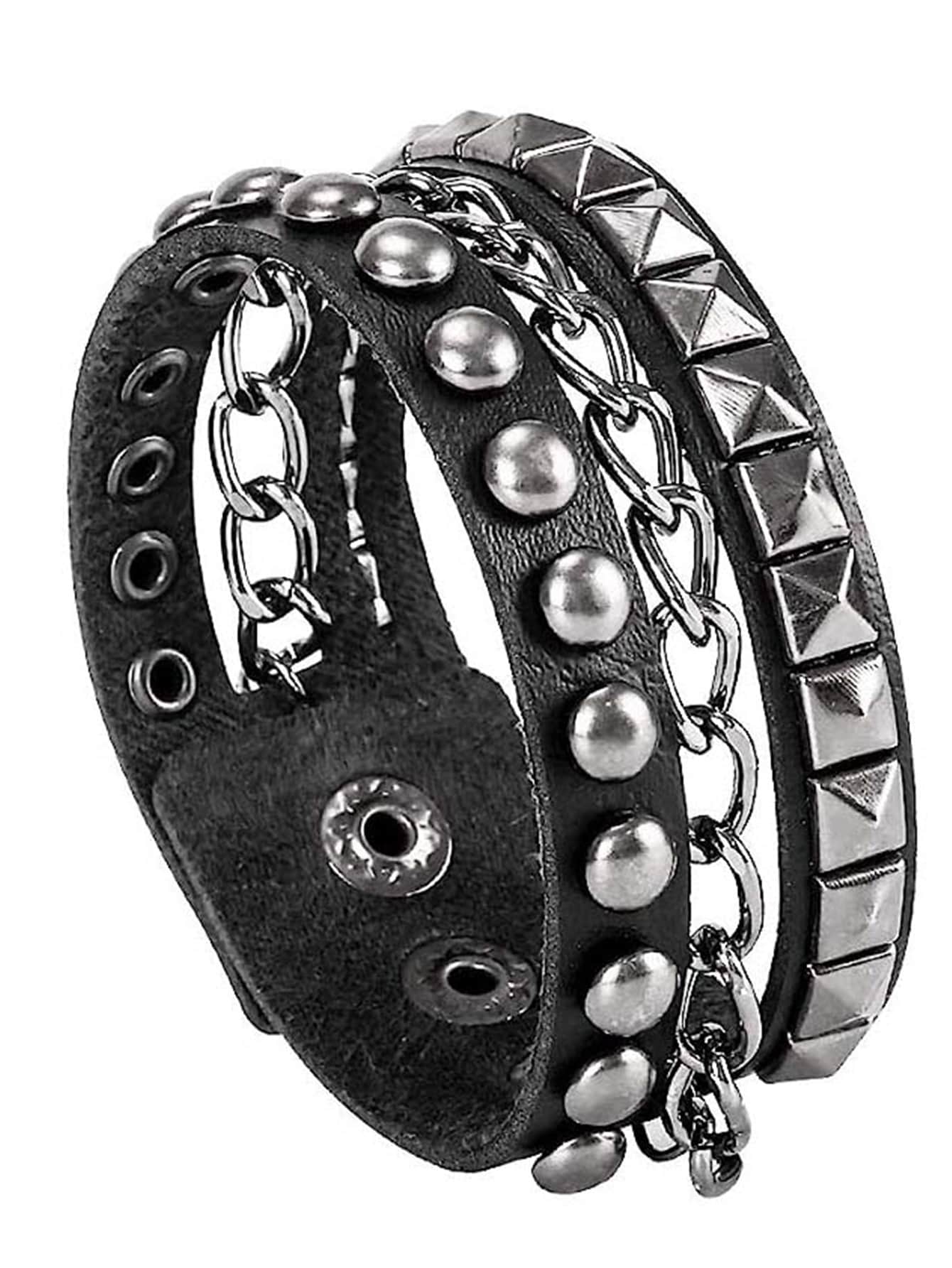 Punk Leather Cuff Bracelet - Goth Rock Leather Wristband with Chain