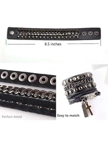 Punk Leather Cuff Bracelet - Goth Rock Leather Wristband with Chain