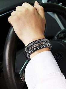 Punk Leather Cuff Bracelet - Goth Rock Leather Wristband with Chain