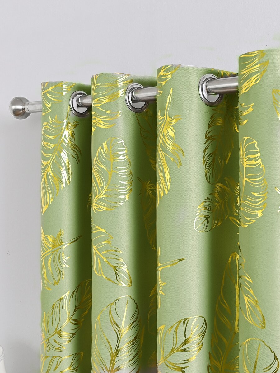 1pc Matcha Green Thermal Insulated Window Curtain With Gold Foil Pattern - Multicolor - View 1