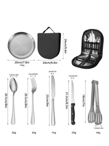 2sets Stainless Steel Outdoor Camping Dinnerware Set, Fork, Spoon, Knife, Clip, Plate, Portable Cutlery Bag, Suitable For Couples Camp Gathering