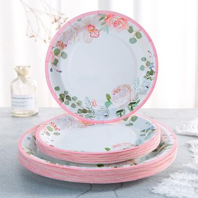 10入組/套一次性餐盤，7/9 英寸花卉派對裝飾新娘淋浴托盤，賓客茶會主題裝飾品，花卉派對紙盤，迎嬰派對，生日，婚禮茶會用品一次性紙盤