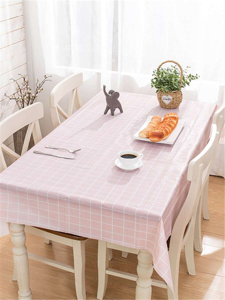 1pc Household Oilproof & Heat-resistant Tablecloth, Clear&fresh Grid Pattern,waterproof & Wrinkle-free Table Cover For Tea Table - Pink - View 1