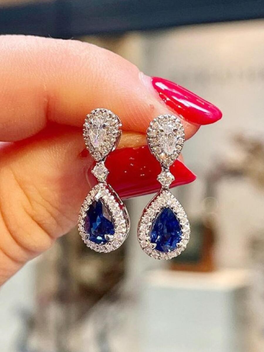 1pair Shiny Deep Blue Cubic Zirconia Stylish Elegant Pendant Earrings - Silver - View 1
