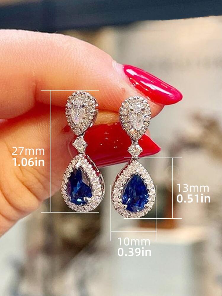 1pair Shiny Deep Blue Cubic Zirconia Stylish Elegant Pendant Earrings