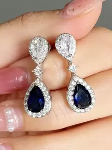 1pair Shiny Deep Blue Cubic Zirconia Stylish Elegant Pendant Earrings - Silver - View 2