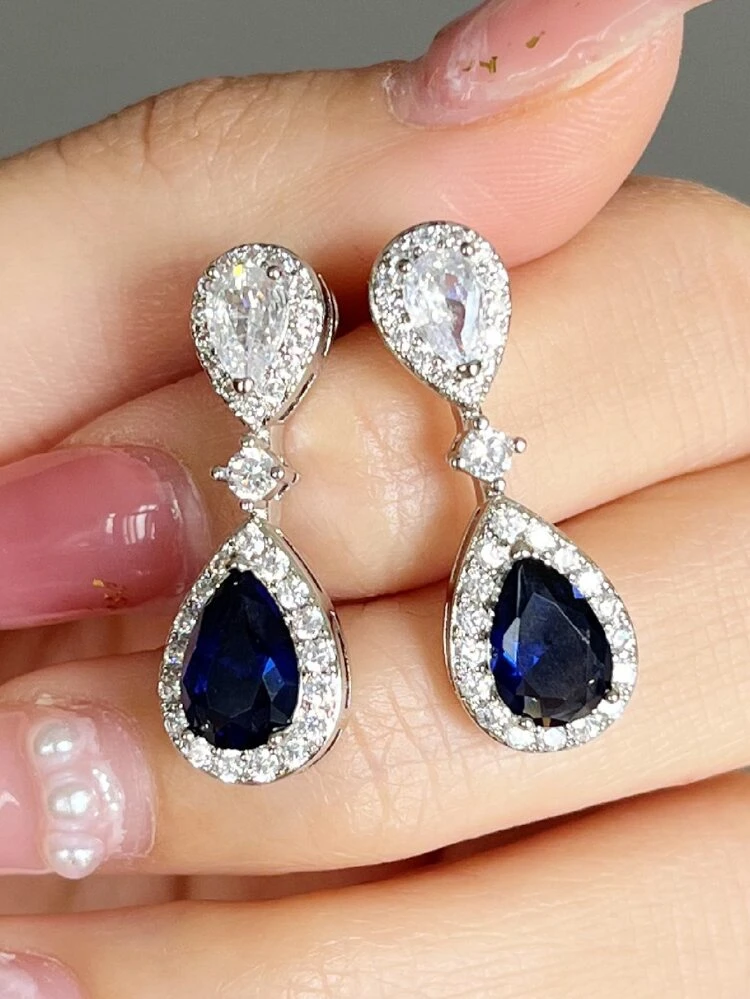 1pair Shiny Deep Blue Cubic Zirconia Stylish Elegant Pendant Earrings