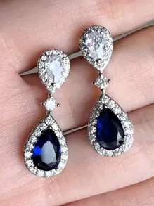 1pair Shiny Deep Blue Cubic Zirconia Stylish Elegant Pendant Earrings - Silver - View 3