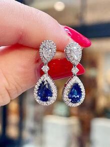 1pair Shiny Deep Blue Cubic Zirconia Stylish Elegant Pendant Earrings - Silver - View 4