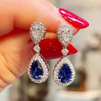 Cravure 1pair Shiny Deep Blue Cubic Zirconia Stylish Elegant Pendant Earrings