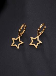 1雙不銹鋼鏤空星形設計時尚耳環,首飾類禮品適合女士 - 金黃色 - 查看 1