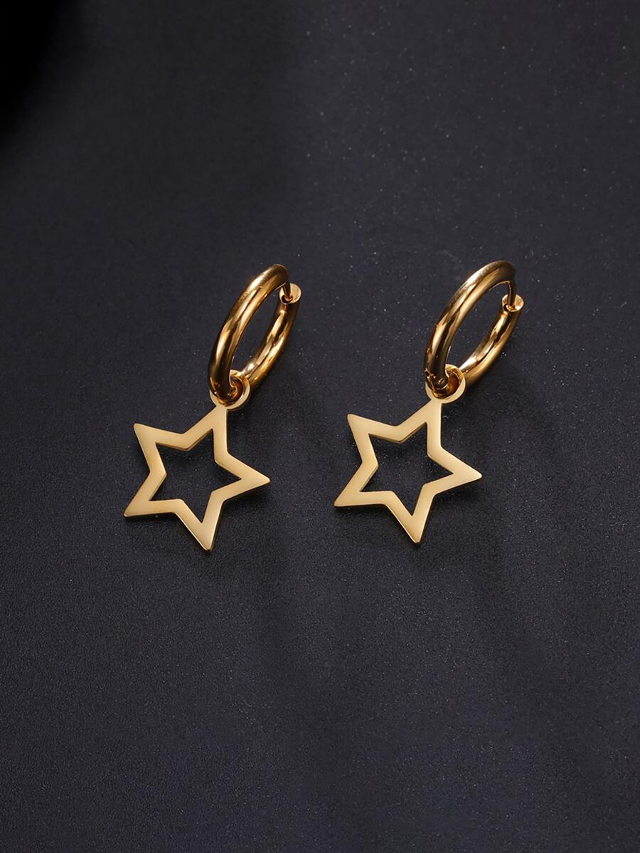 1雙不銹鋼鏤空星形設計時尚耳環,首飾類禮品適合女士 - 金黃色 - 查看 1