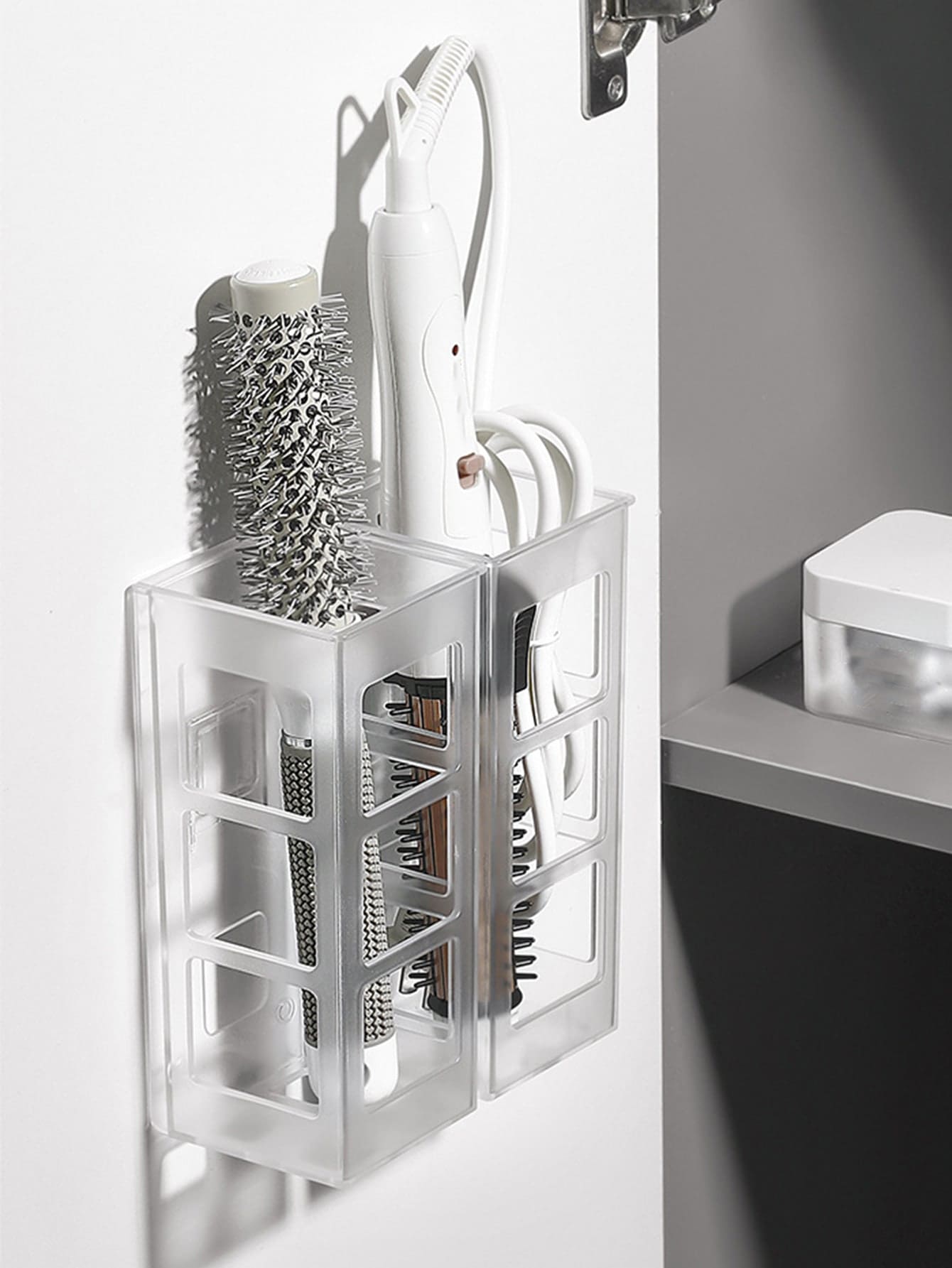 1pc Hair Styling Tool Storage Box, Curling Iron & Straightener Organizer, Wall Mounted Bathroom Shelf Without Drilling - Clear - View 1