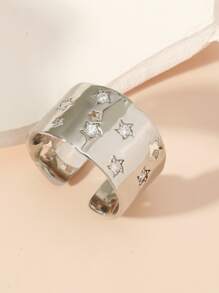 1pc Wide Hollow Out Star & Crystal Open Ring - Silver - View 1