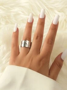 1pc Wide Hollow Out Star & Crystal Open Ring - Silver - View 3