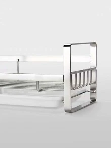 1pc Stainless Steel Sink Organizer Drying Rack, Hanging Sponge Holder,  Faucet Storage Rack with Plastic Tray - Silver - View 5