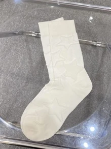 1pair White Star Shaped Hollow Out Mesh Sweat-Absorbent Personalized Mid-Calf Socks, Japanese Style - White - View 2