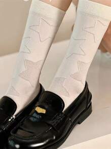 1pair White Star Shaped Hollow Out Mesh Sweat-Absorbent Personalized Mid-Calf Socks, Japanese Style - White - View 1